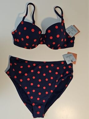 Shade & Shore Women's 36C/L Navy with Red Polka Dots Bikini Set